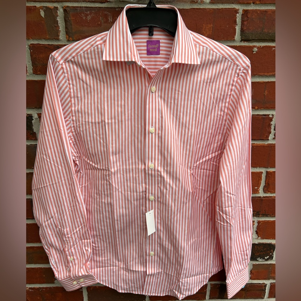 NWT Ferrell Reed men’s Long Sleeve Button Down Striped Shirt. Coral/White 14 1/2